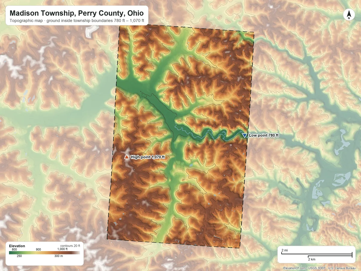 Topographic elevation map of Madison Township, Perry County, Ohio, shaded from 780 ft on the east side to 1,070 ft on the west side