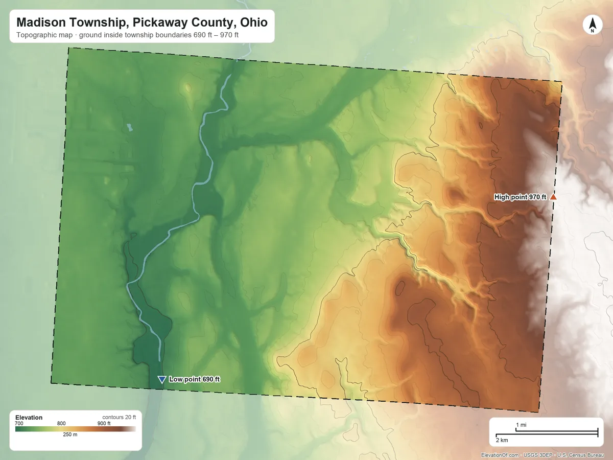 Topographic elevation map of Madison Township, Pickaway County, Ohio, shaded from 690 ft on the southwest side to 970 ft on the east side