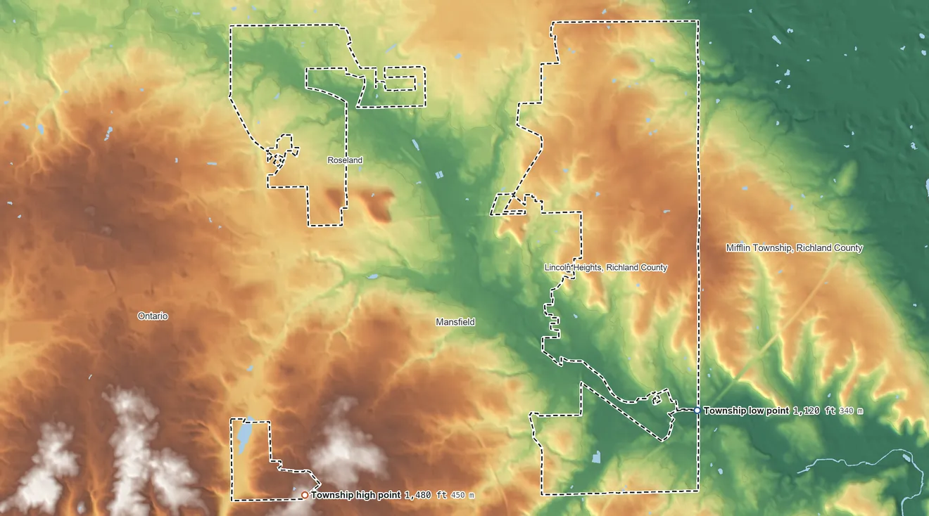 Topographic elevation map of Madison Township, Richland County, Ohio, shaded from 1,120 ft on the southeast side to 1,480 ft on the southwest side
