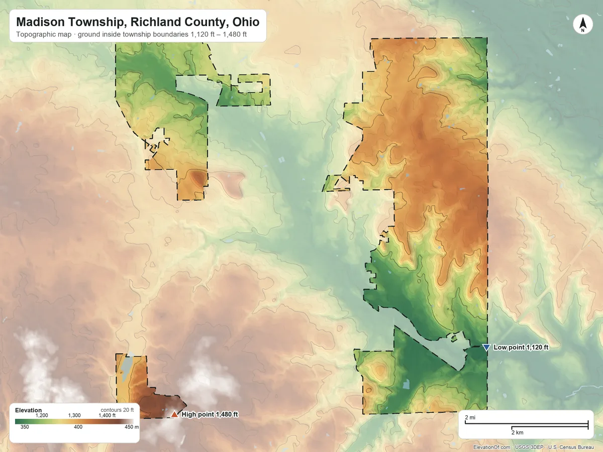 Topographic elevation map of Madison Township, Richland County, Ohio, shaded from 1,120 ft on the southeast side to 1,480 ft on the southwest side