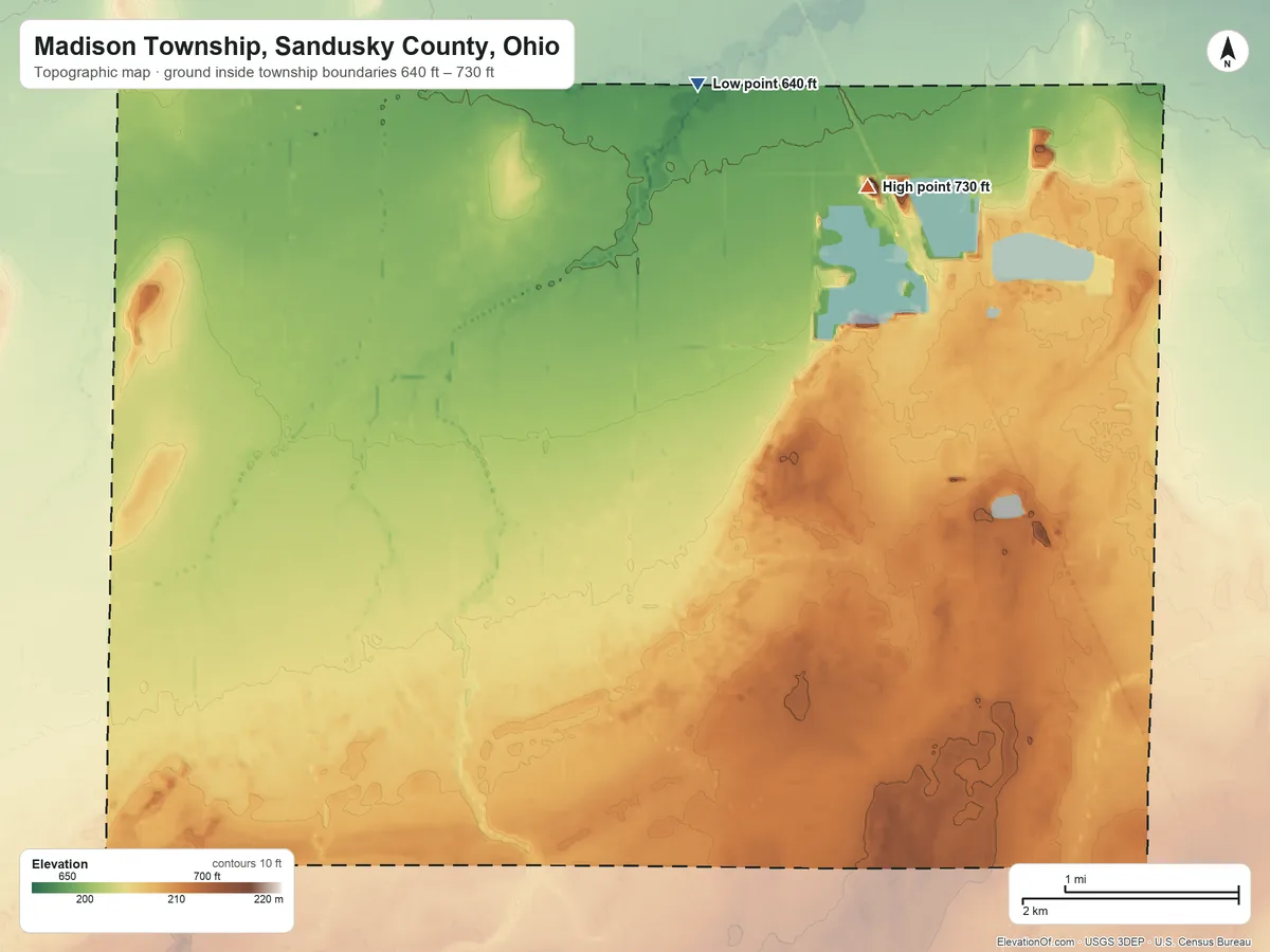 Topographic elevation map of Madison Township, Sandusky County, Ohio, shaded from 640 ft on the northwest side to 730 ft on the north side