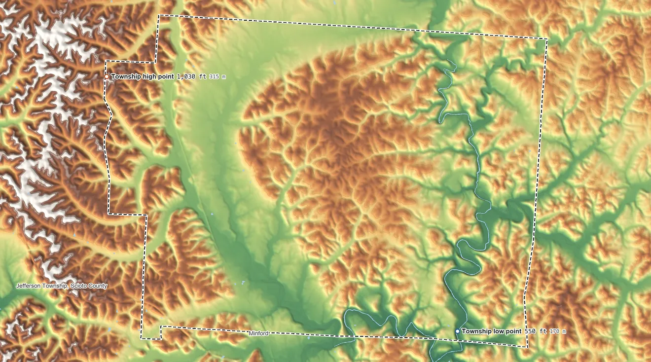 Topographic elevation map of Madison Township, Scioto County, Ohio, shaded from 550 ft on the southeast side to 1,030 ft on the northwest side