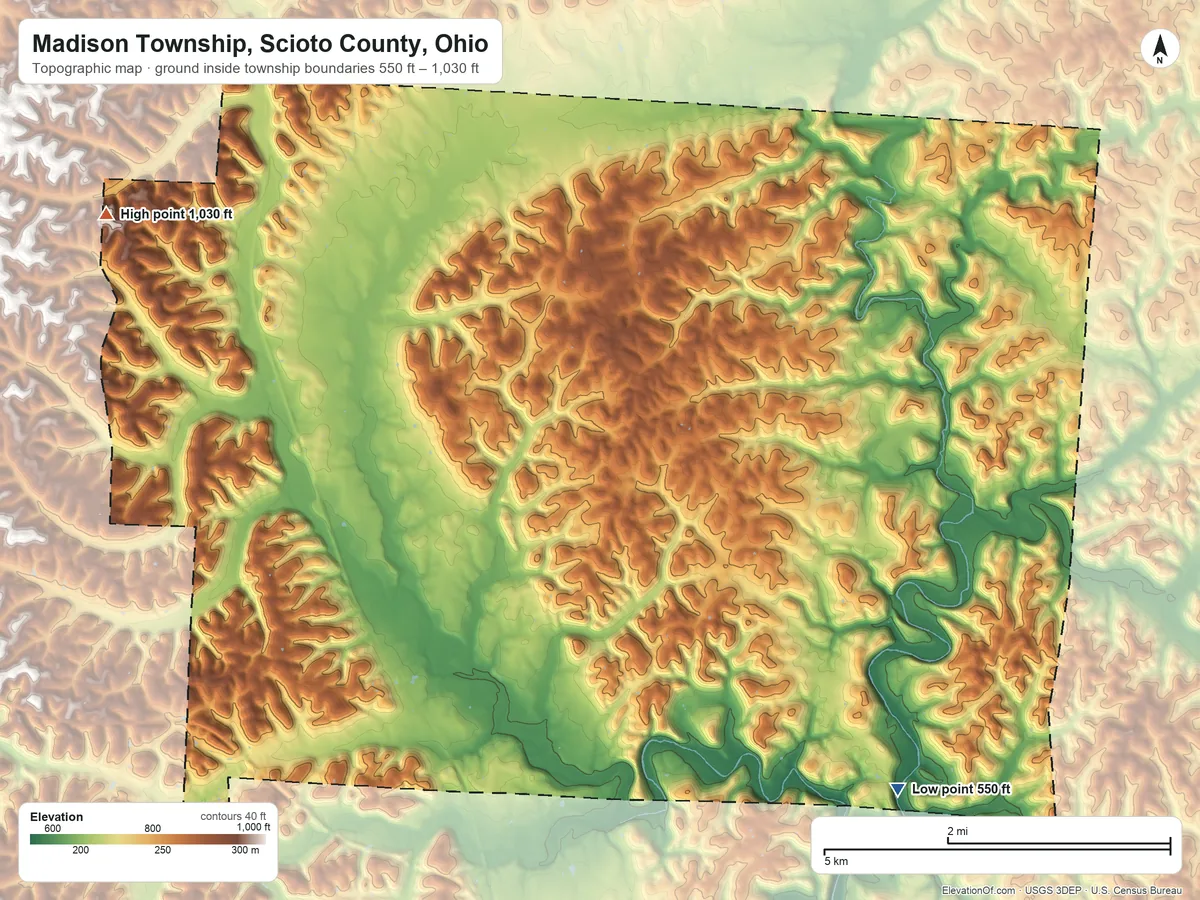 Topographic elevation map of Madison Township, Scioto County, Ohio, shaded from 550 ft on the southeast side to 1,030 ft on the northwest side