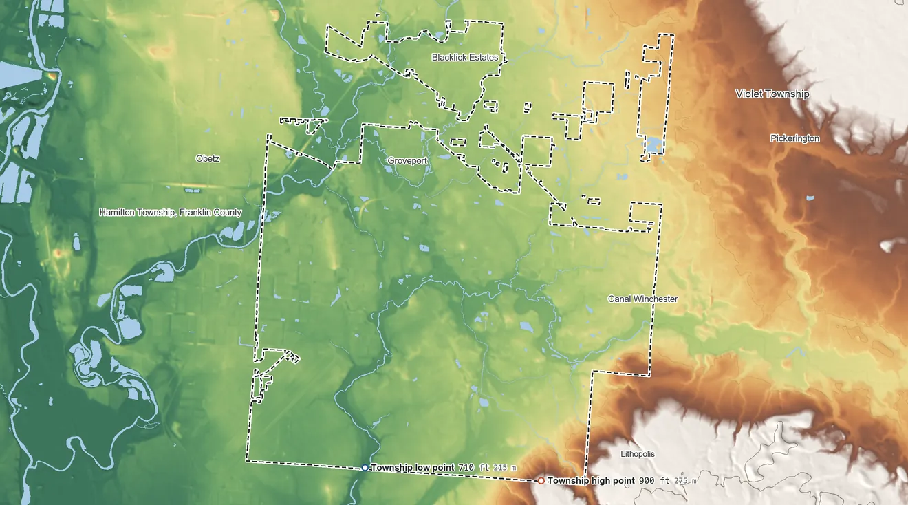 Topographic elevation map of Madison Township, Ohio, shaded from 710 ft on the south side to 900 ft on the south side