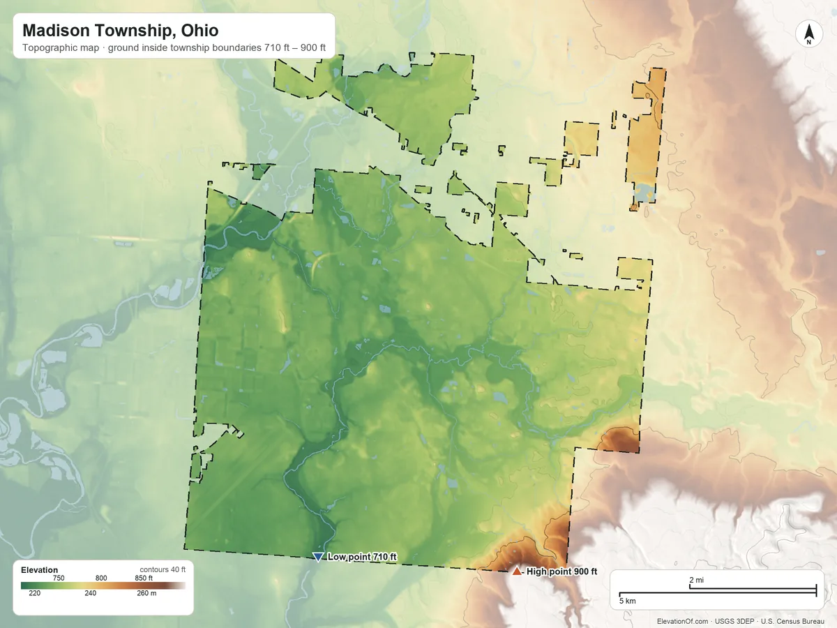 Topographic elevation map of Madison Township, Ohio, shaded from 710 ft on the south side to 900 ft on the south side