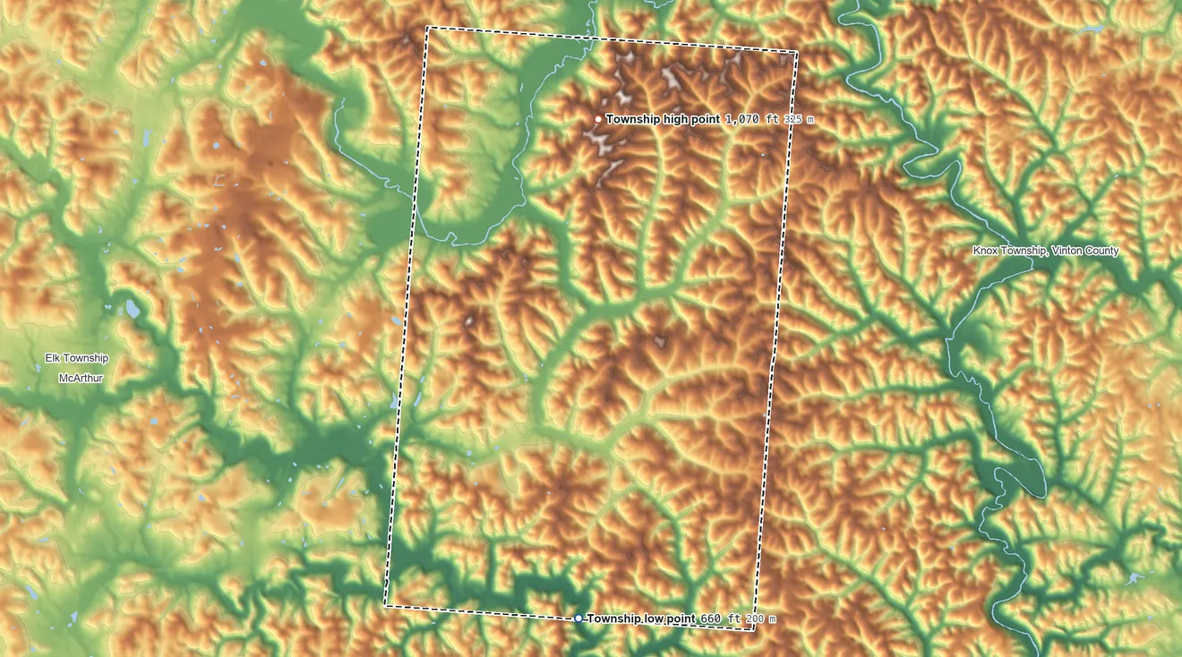 Topographic elevation map of Madison Township, Vinton County, Ohio, shaded from 660 ft on the south side to 1,070 ft on the northeast side