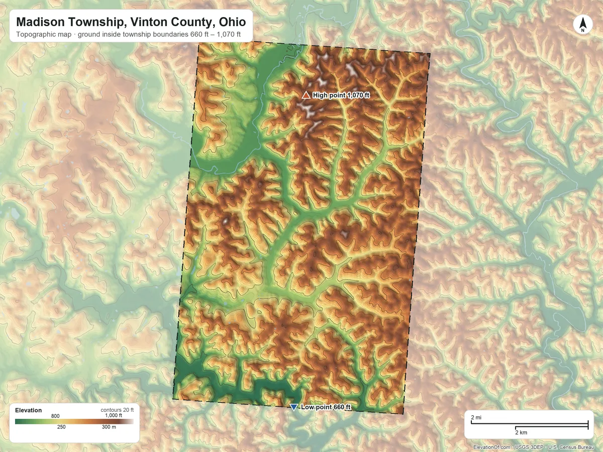 Topographic elevation map of Madison Township, Vinton County, Ohio, shaded from 660 ft on the south side to 1,070 ft on the northeast side