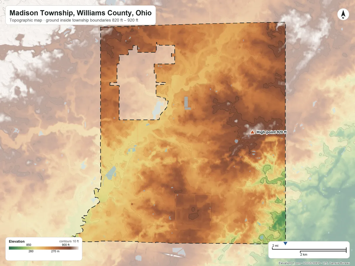 Topographic elevation map of Madison Township, Williams County, Ohio, shaded from 820 ft on the southeast side to 920 ft on the east side
