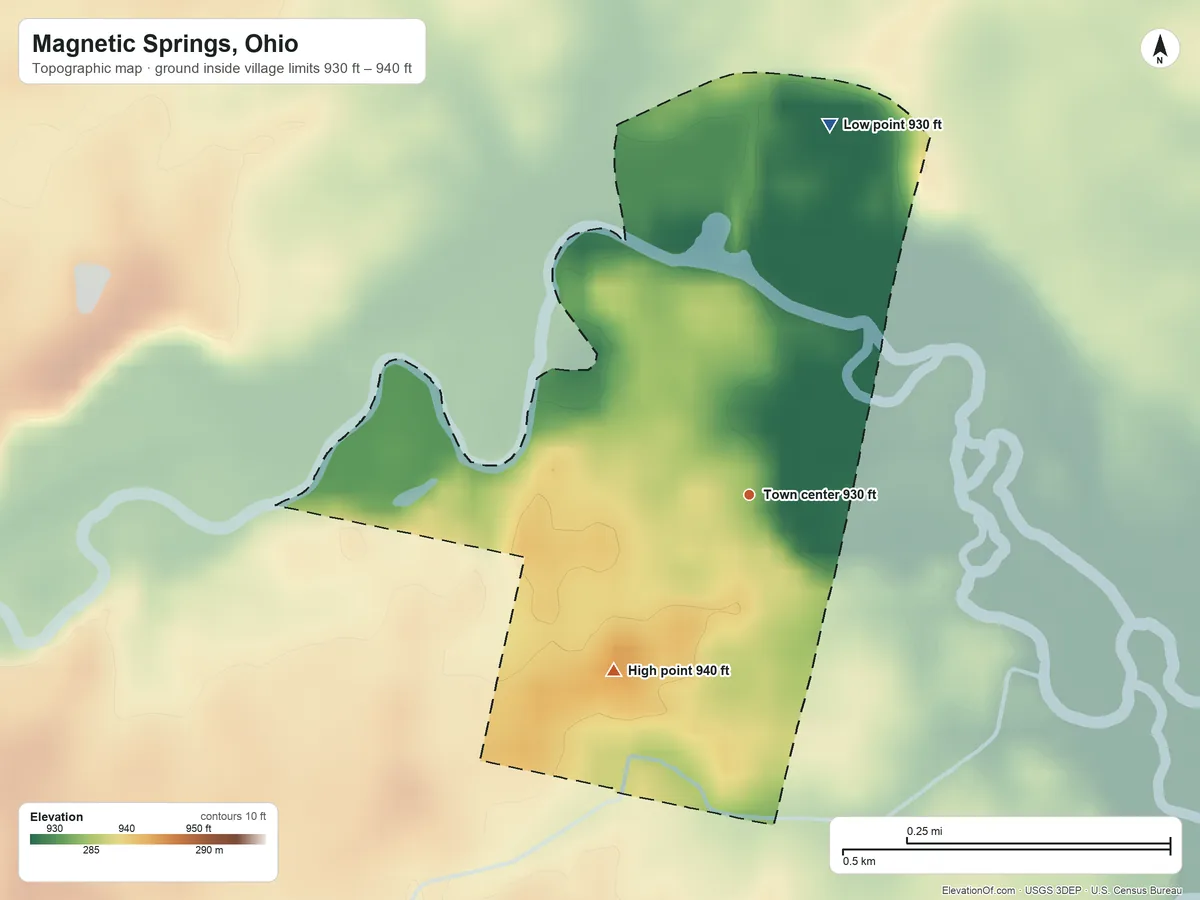 Topographic elevation map of Magnetic Springs, Ohio, shaded from 930 ft on the north side to 940 ft on the southwest side