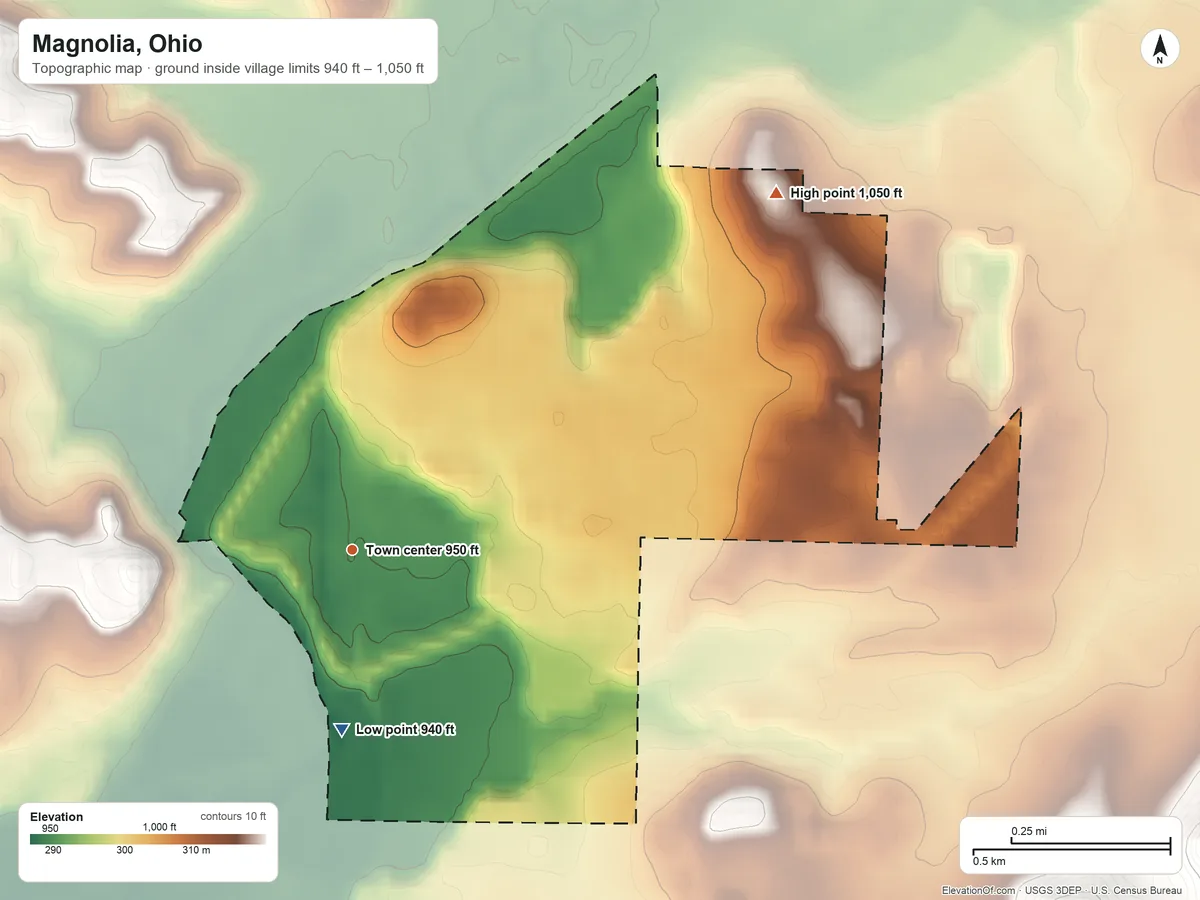 Topographic elevation map of Magnolia, Ohio, shaded from 940 ft on the south side to 1,050 ft on the northeast side