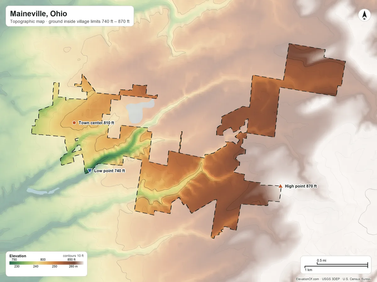 Topographic elevation map of Maineville, Ohio, shaded from 740 ft on the south side to 870 ft on the east side