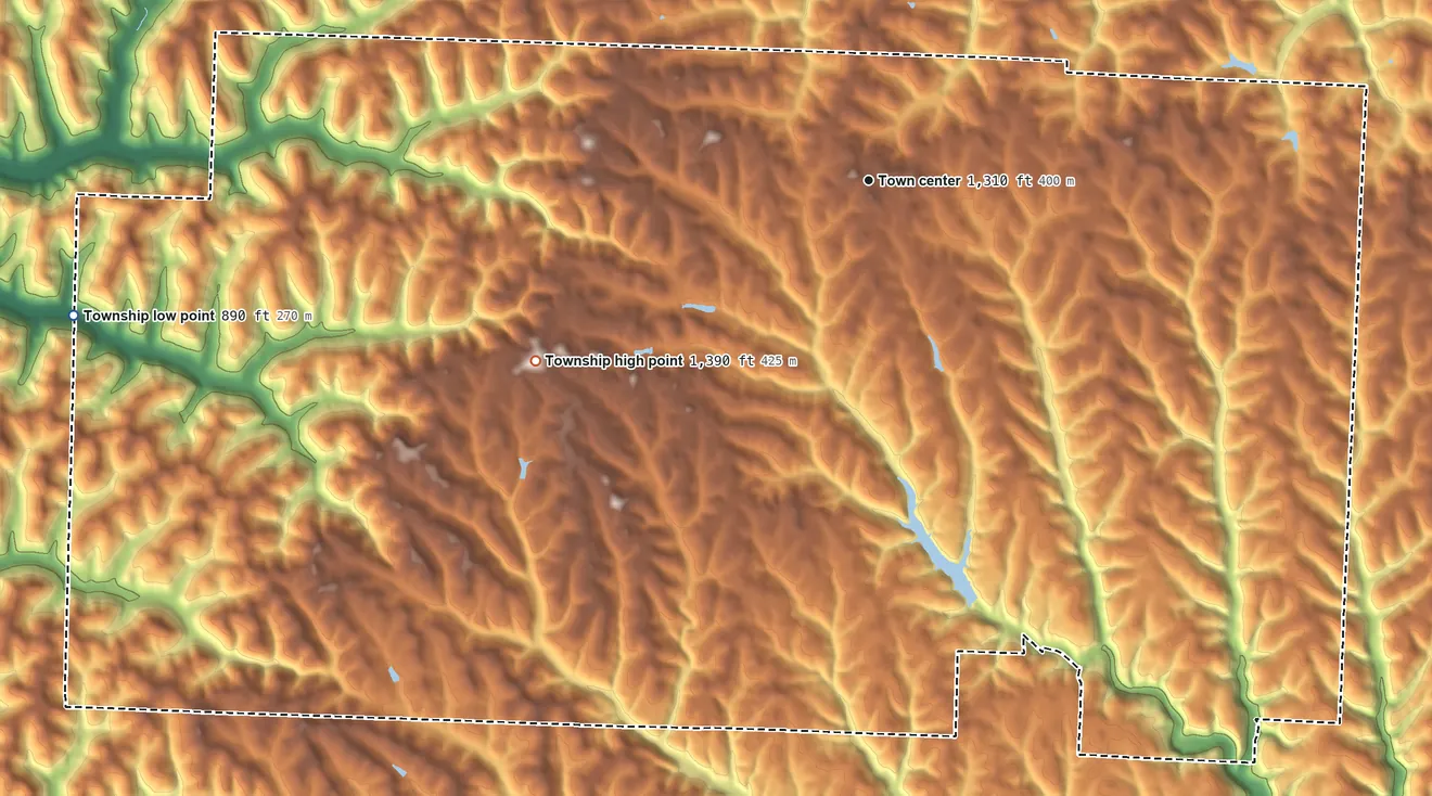 Topographic elevation map of Malaga Township, Ohio, shaded from 890 ft on the west side to 1,390 ft on the southwest side