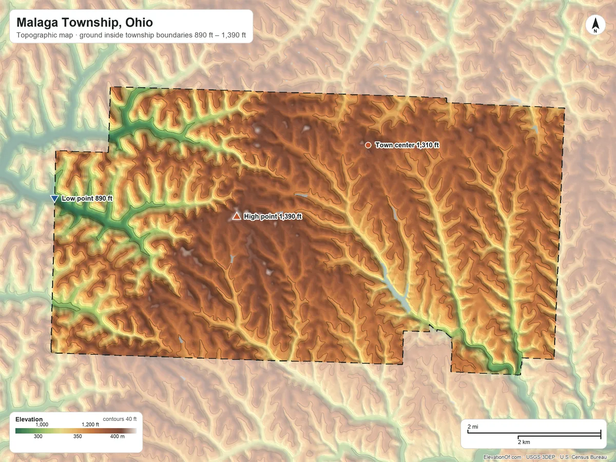 Topographic elevation map of Malaga Township, Ohio, shaded from 890 ft on the west side to 1,390 ft on the southwest side