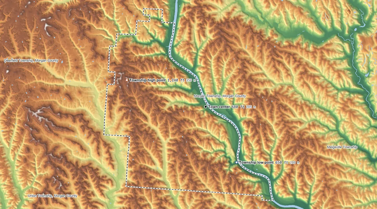 Topographic elevation map of Malta Township, Ohio, shaded from 650 ft on the southeast side to 1,140 ft on the west side