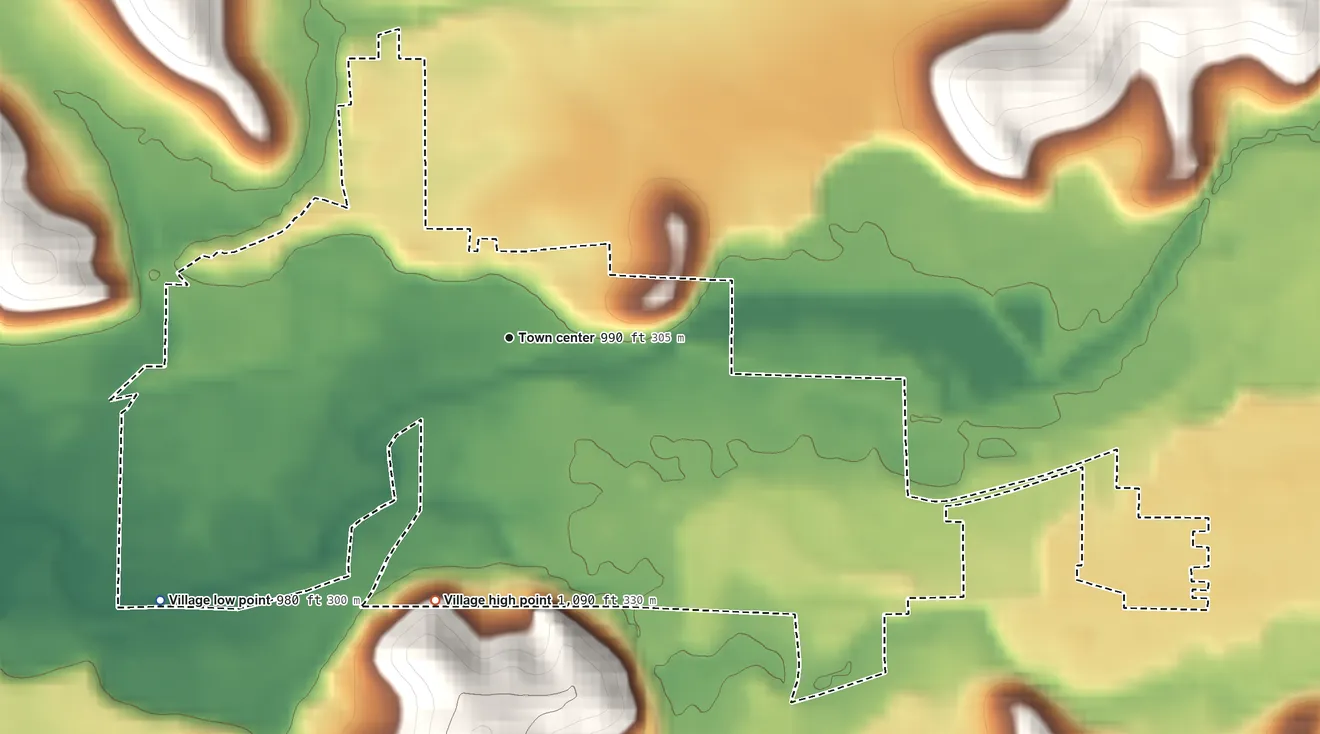 Topographic elevation map of Malvern, Ohio, shaded from 980 ft on the southwest side to 1,090 ft on the south side