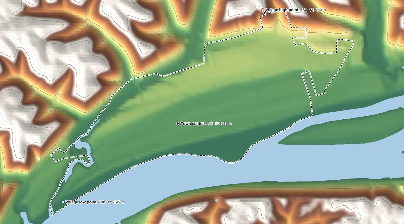 Topographic elevation map of Manchester, Ohio, shaded from 480 ft on the southwest side to 780 ft on the northeast side