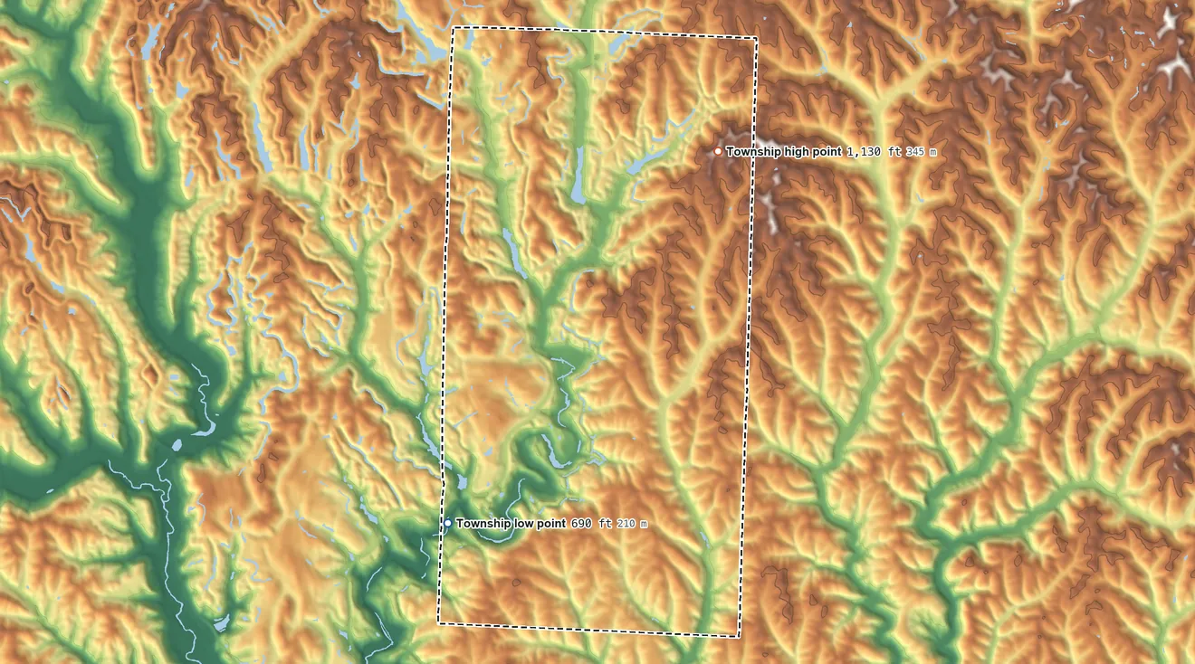 Topographic elevation map of Manchester Township, Morgan County, Ohio, shaded from 690 ft on the west side to 1,130 ft on the north side
