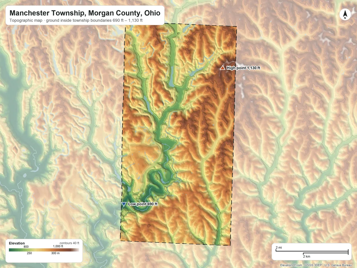 Topographic elevation map of Manchester Township, Morgan County, Ohio, shaded from 690 ft on the west side to 1,130 ft on the north side