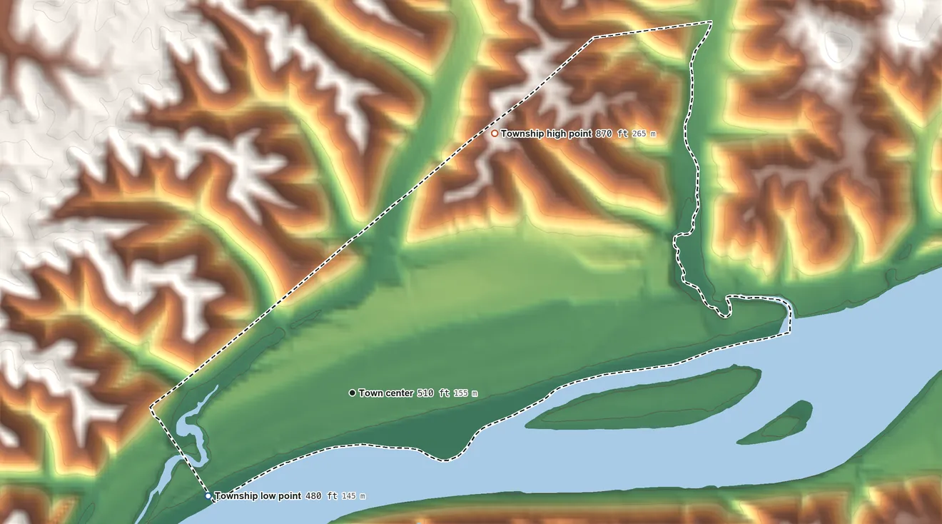 Topographic elevation map of Manchester Township, Ohio, shaded from 480 ft on the southwest side to 870 ft on the northeast side