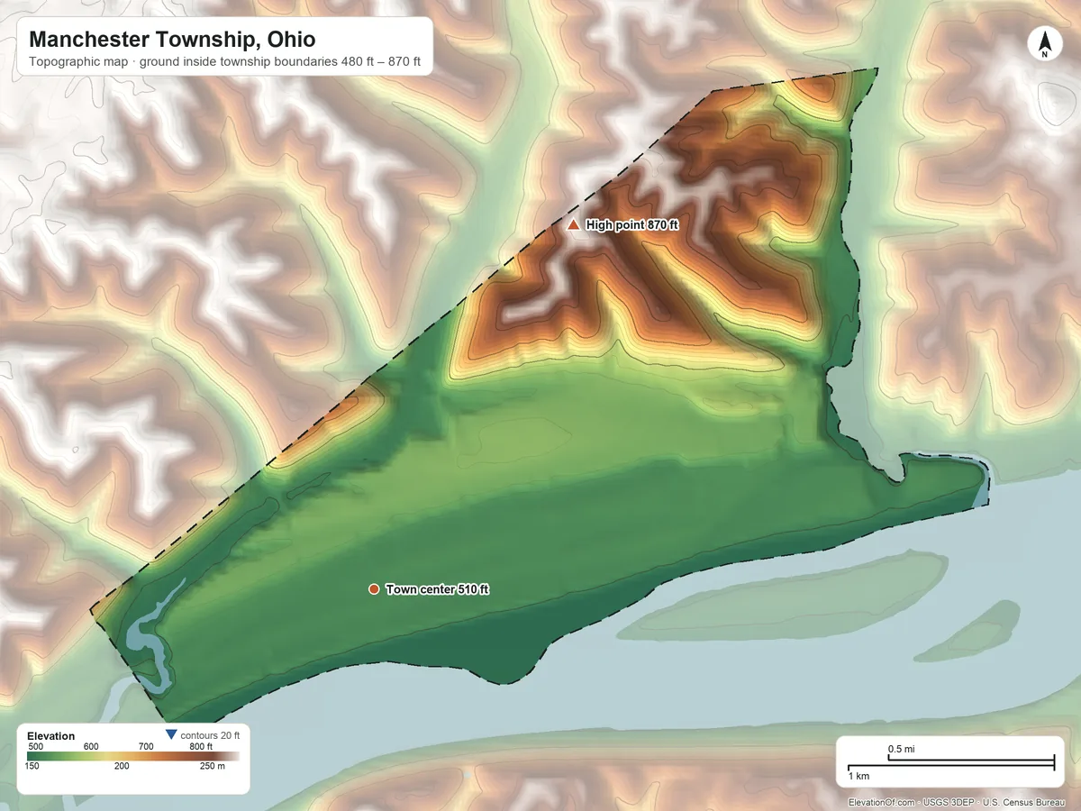 Topographic elevation map of Manchester Township, Ohio, shaded from 480 ft on the southwest side to 870 ft on the northeast side