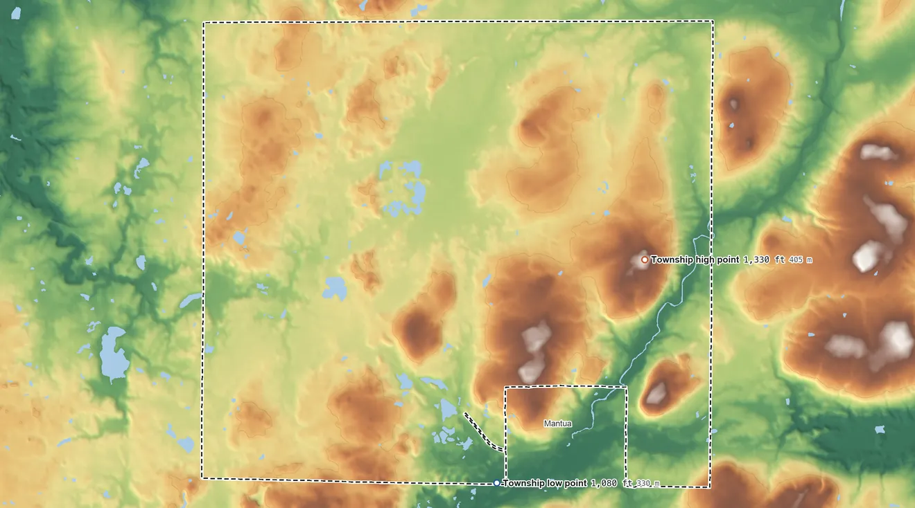 Topographic elevation map of Mantua Township, Ohio, shaded from 1,080 ft on the south side to 1,330 ft on the east side