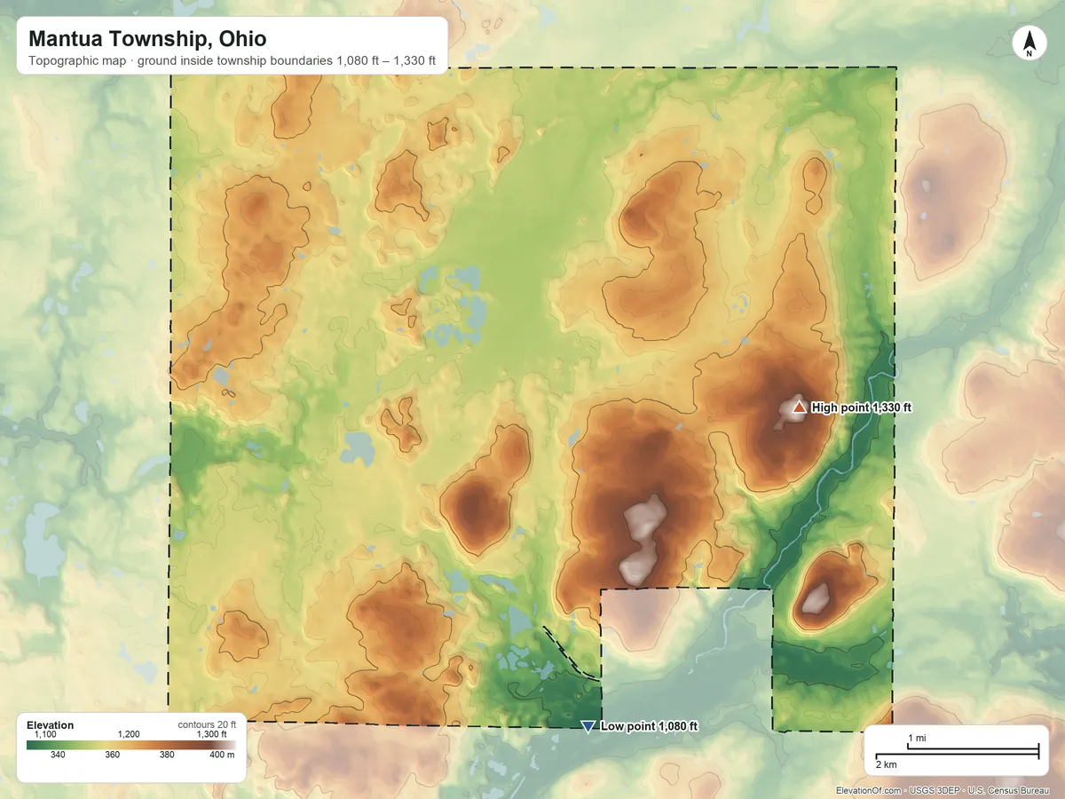 Topographic elevation map of Mantua Township, Ohio, shaded from 1,080 ft on the south side to 1,330 ft on the east side