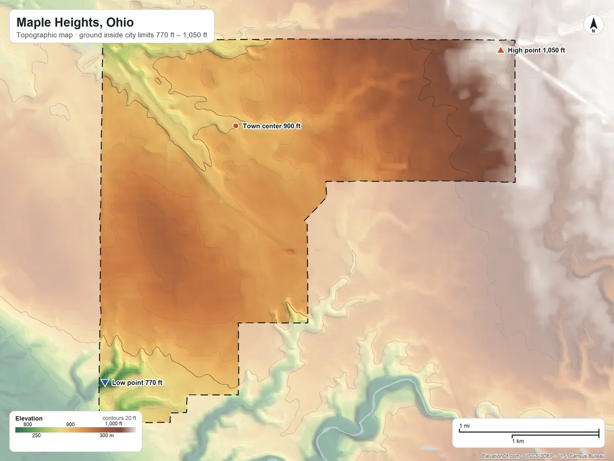 Topographic elevation map of Maple Heights, Ohio, shaded from 770 ft on the southwest side to 1,050 ft on the east side