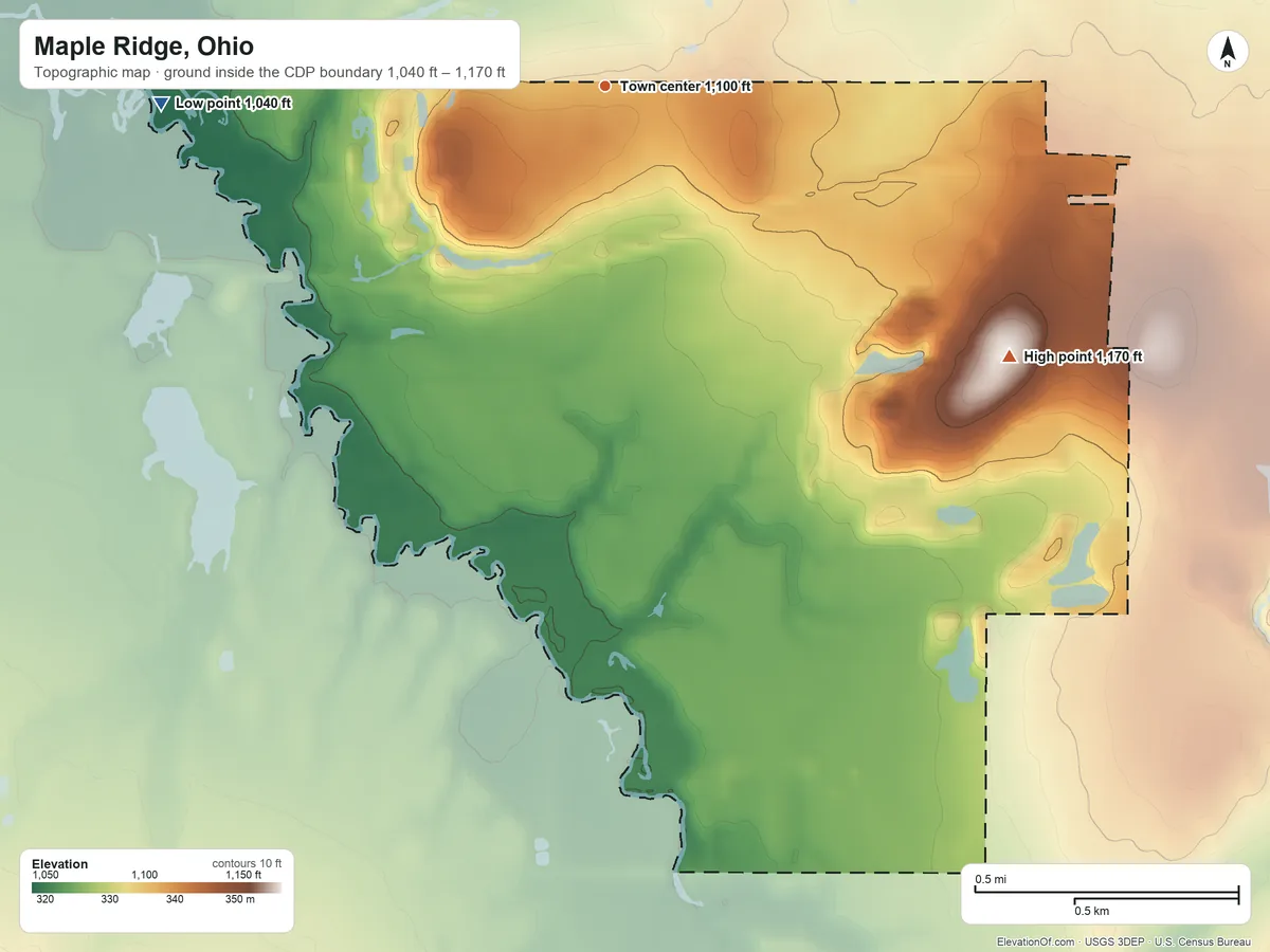 Topographic elevation map of Maple Ridge, Ohio, shaded from 1,040 ft on the west side to 1,170 ft on the southeast side