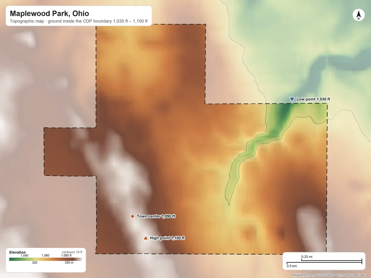 Topographic elevation map of Maplewood Park, Ohio, shaded from 1,030 ft on the northeast side to 1,100 ft near the middle