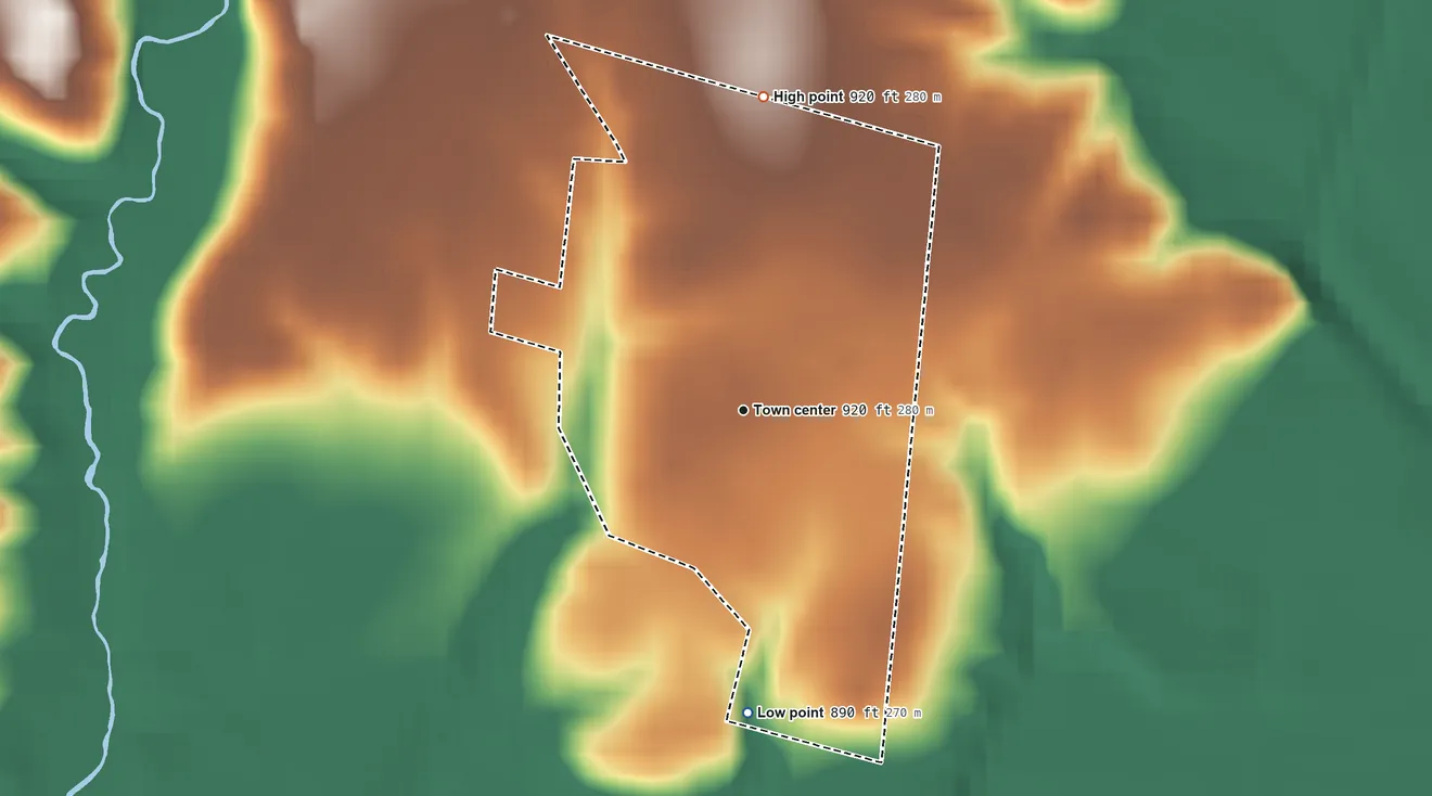 Topographic elevation map of Marathon, Ohio, shaded from 890 ft on the south side to 920 ft on the north side