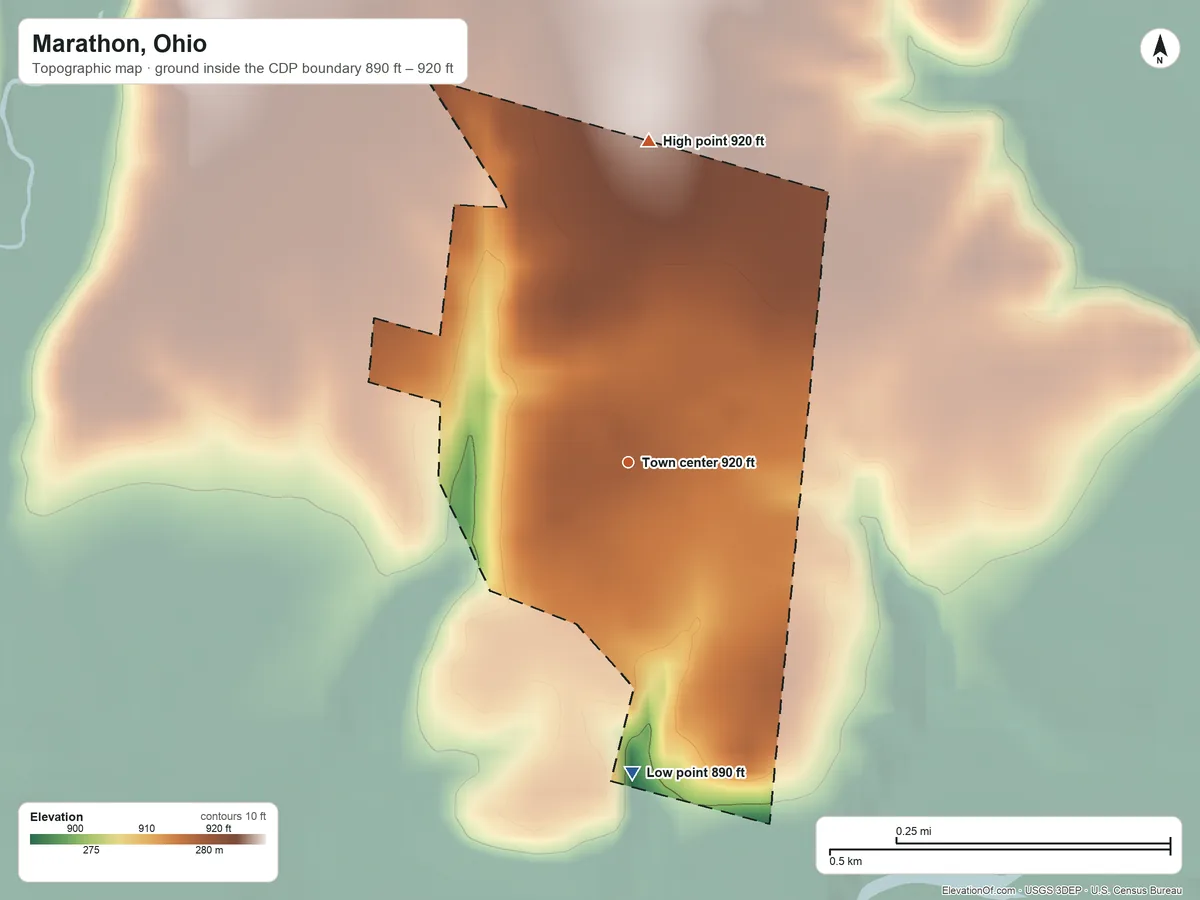 Topographic elevation map of Marathon, Ohio, shaded from 890 ft on the south side to 920 ft on the north side