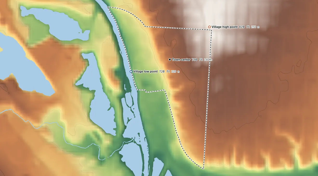 Topographic elevation map of Marble Cliff, Ohio, shaded from 720 ft on the west side to 820 ft on the northeast side