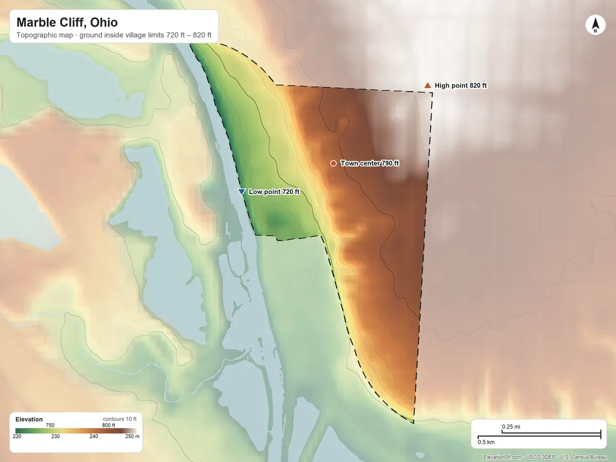 Topographic elevation map of Marble Cliff, Ohio, shaded from 720 ft on the west side to 820 ft on the northeast side