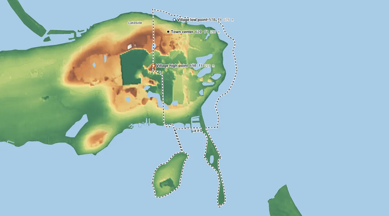 Topographic elevation map of Marblehead, Ohio, shaded from 570 ft near the middle to 690 ft on the southwest side