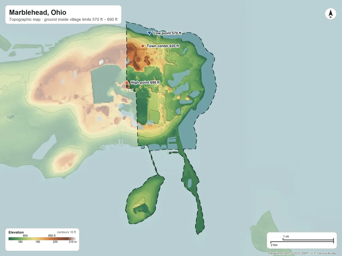 Topographic elevation map of Marblehead, Ohio, shaded from 570 ft near the middle to 690 ft on the southwest side