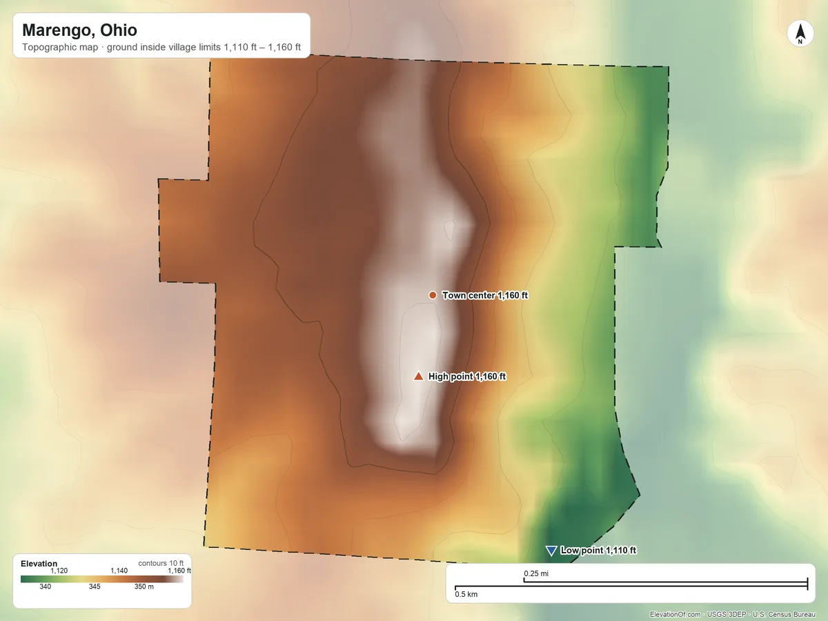 Topographic elevation map of Marengo, Ohio, shaded from 1,110 ft on the southeast side to 1,160 ft on the south side