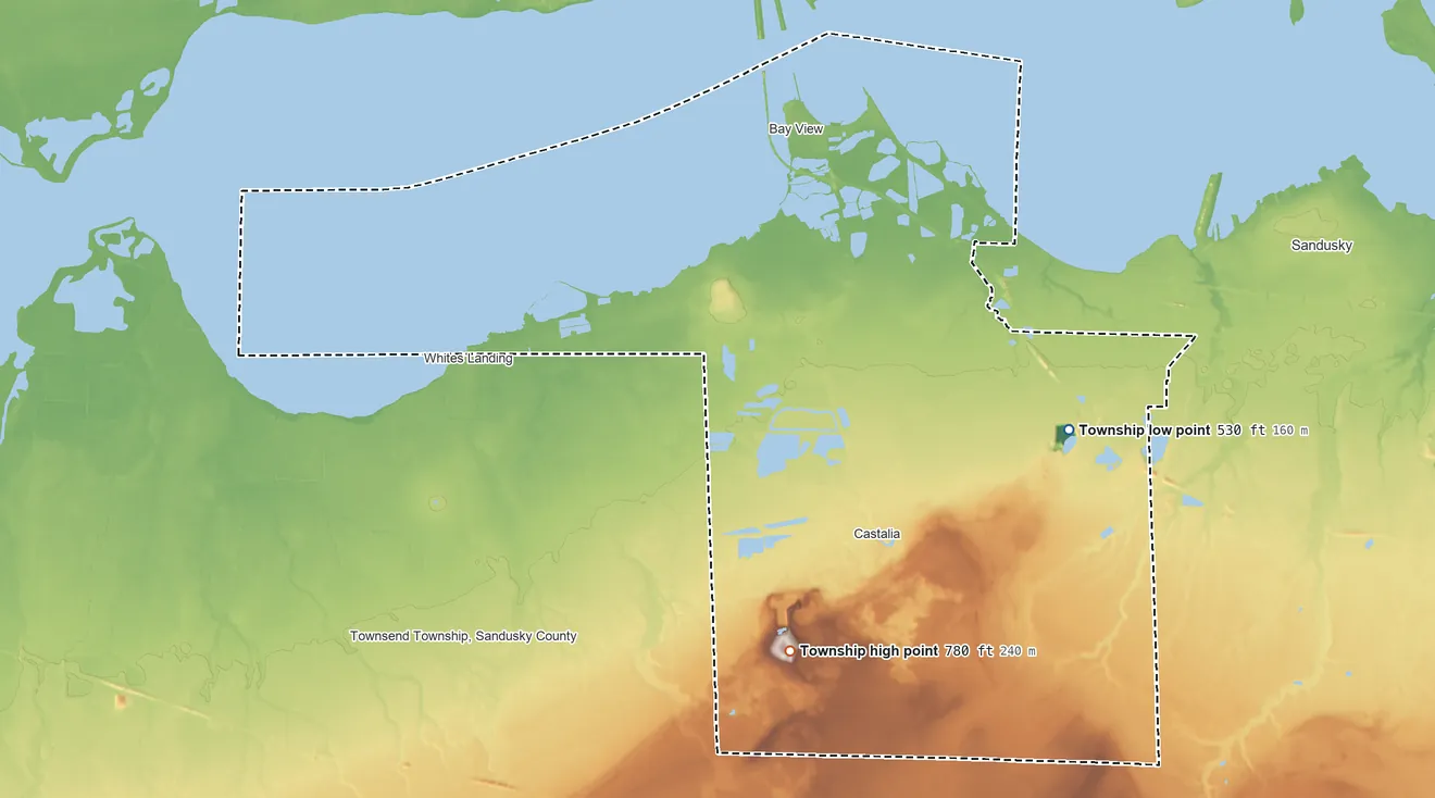 Topographic elevation map of Margaretta Township, Ohio, shaded from 530 ft on the east side to 780 ft on the southwest side