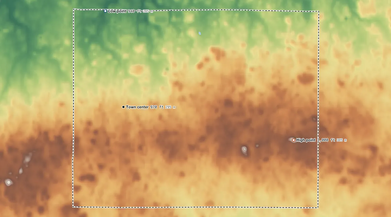 Topographic elevation map of Maria Stein, Ohio, shaded from 940 ft on the north side to 1,000 ft on the east side