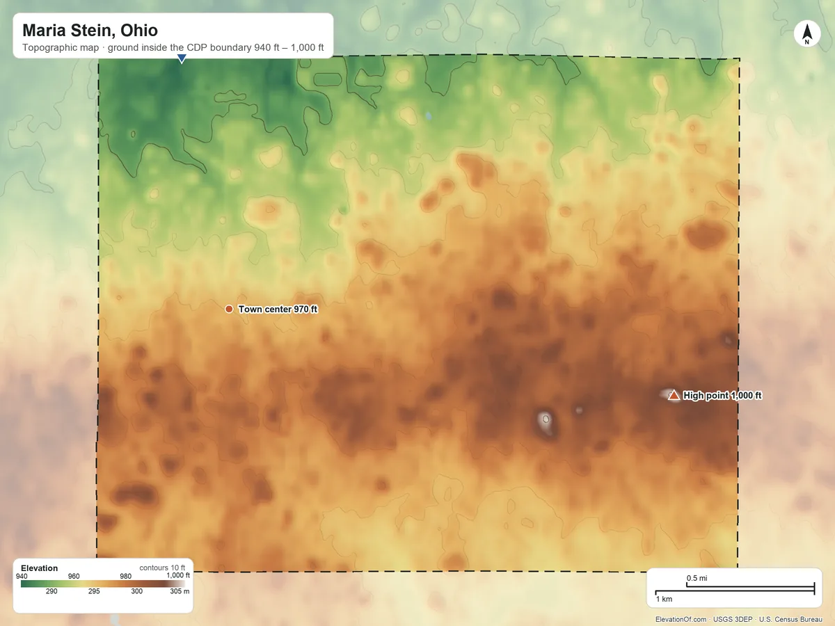 Topographic elevation map of Maria Stein, Ohio, shaded from 940 ft on the north side to 1,000 ft on the east side