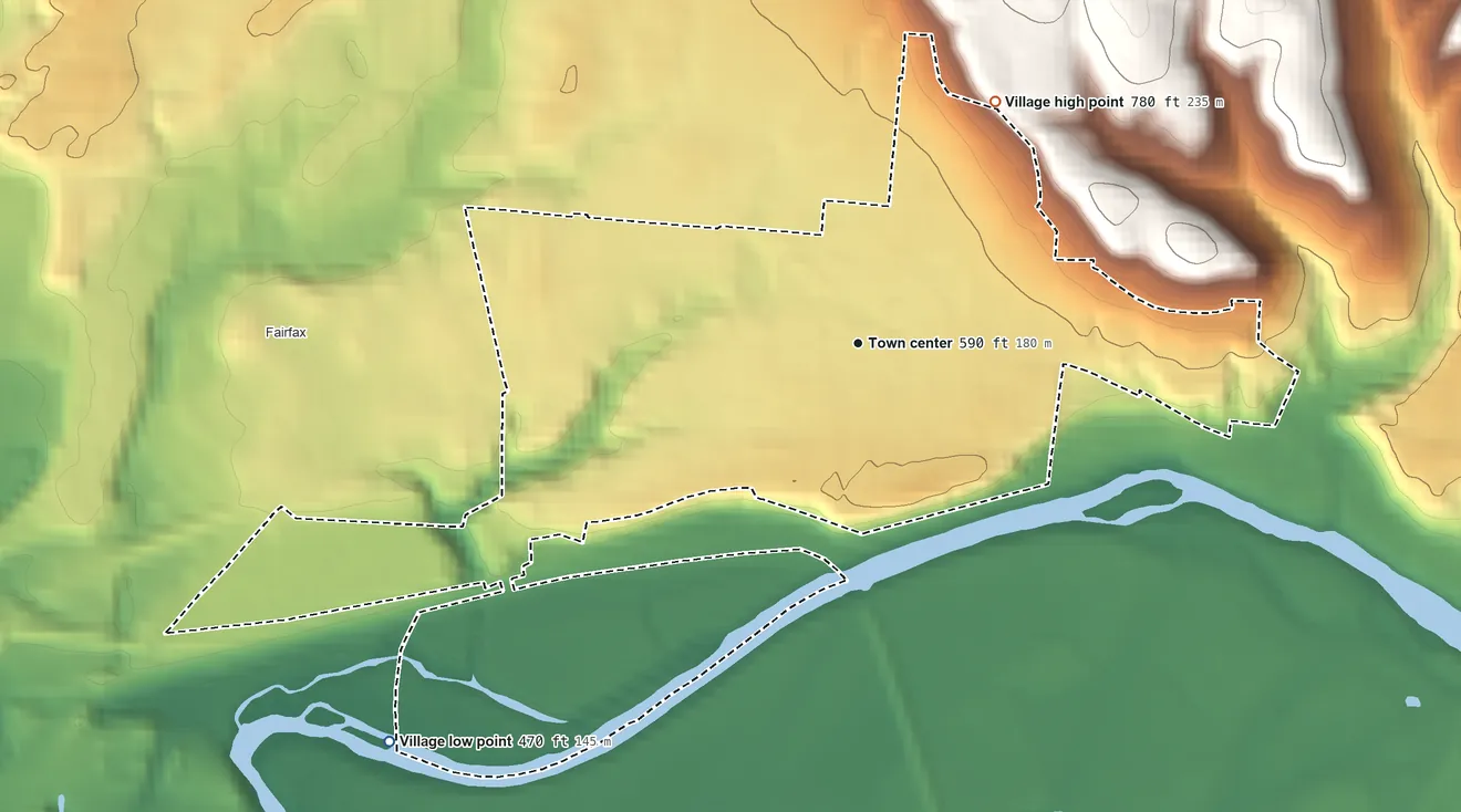 Topographic elevation map of Mariemont, Ohio, shaded from 470 ft on the southwest side to 780 ft on the northeast side