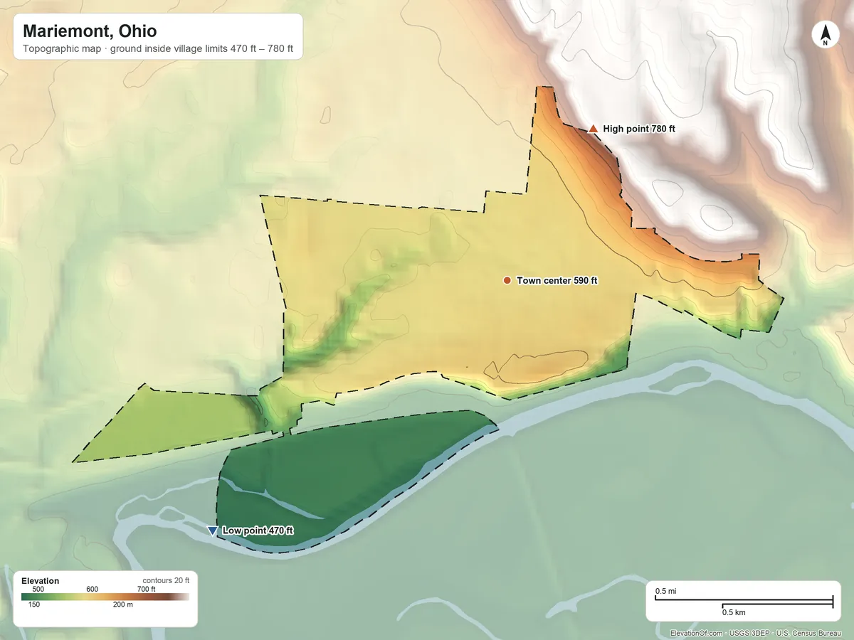 Topographic elevation map of Mariemont, Ohio, shaded from 470 ft on the southwest side to 780 ft on the northeast side