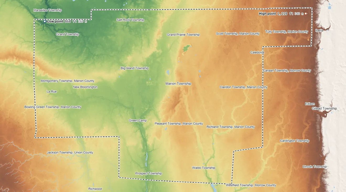 Topographic elevation map of Marion County, Ohio, shaded from 860 ft on the northwest side to 1,110 ft on the northeast side