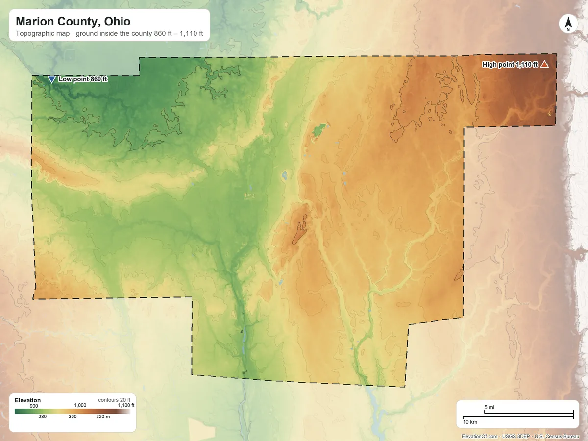 Topographic elevation map of Marion County, Ohio, shaded from 860 ft on the northwest side to 1,110 ft on the northeast side