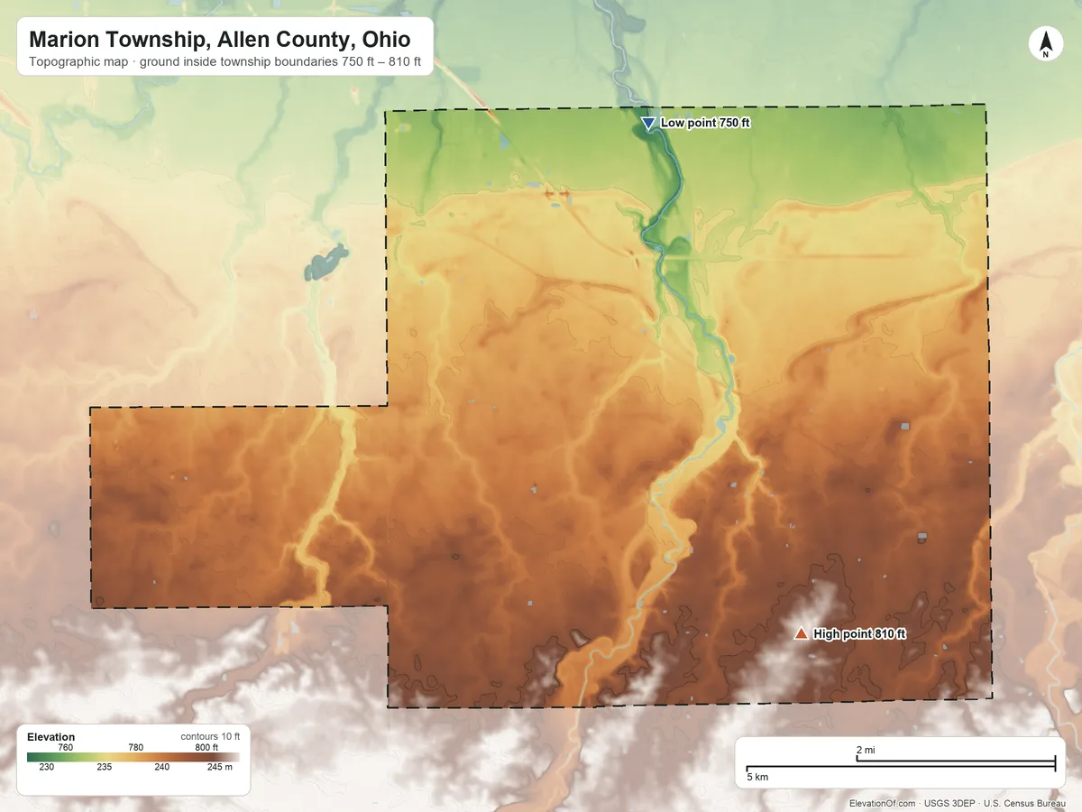 Topographic elevation map of Marion Township, Allen County, Ohio, shaded from 750 ft on the northeast side to 810 ft on the southeast side