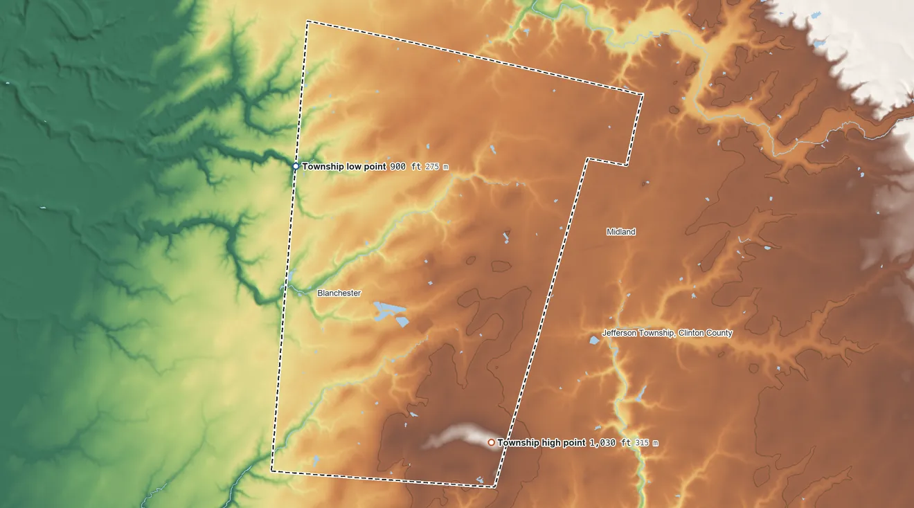 Topographic elevation map of Marion Township, Clinton County, Ohio, shaded from 900 ft on the northwest side to 1,030 ft on the southeast side