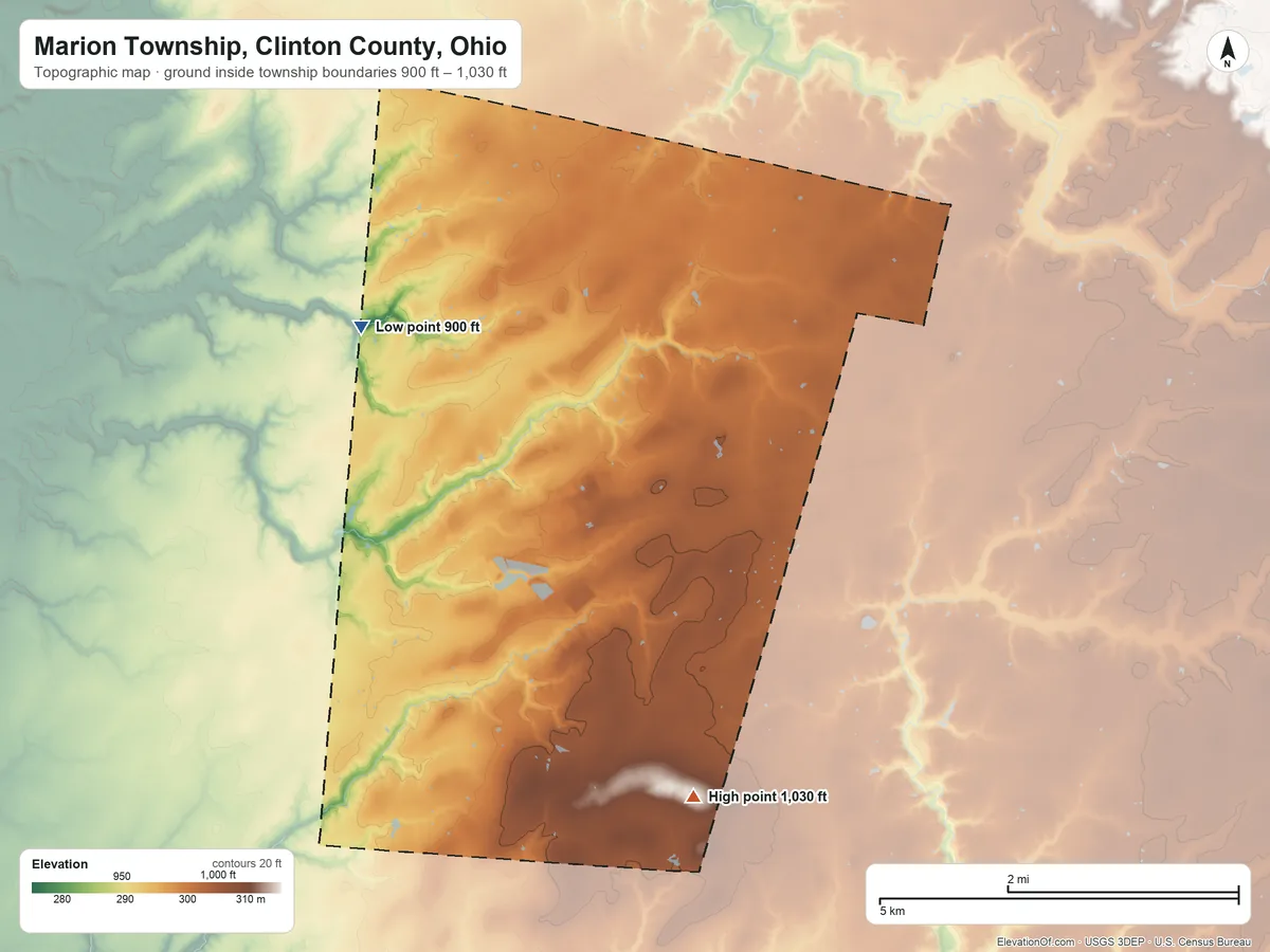 Topographic elevation map of Marion Township, Clinton County, Ohio, shaded from 900 ft on the northwest side to 1,030 ft on the southeast side