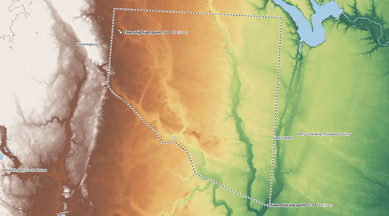 Topographic elevation map of Marion Township, Fayette County, Ohio, shaded from 810 ft on the southeast side to 980 ft on the northwest side