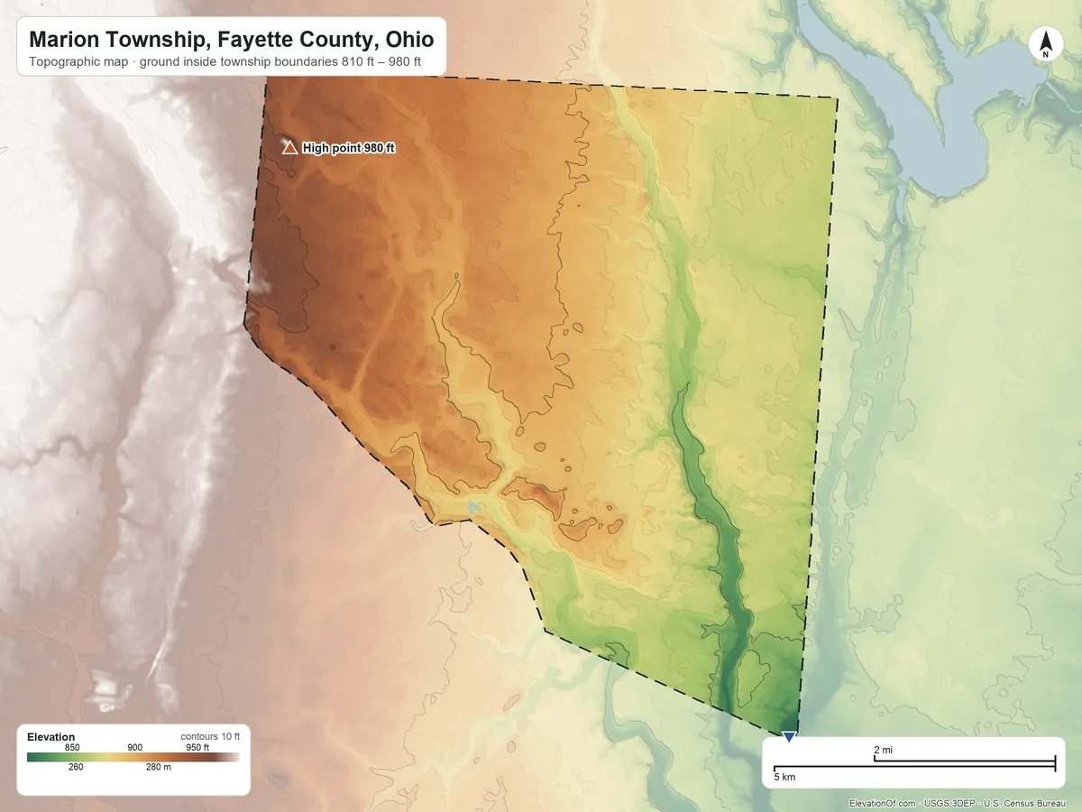 Topographic elevation map of Marion Township, Fayette County, Ohio, shaded from 810 ft on the southeast side to 980 ft on the northwest side