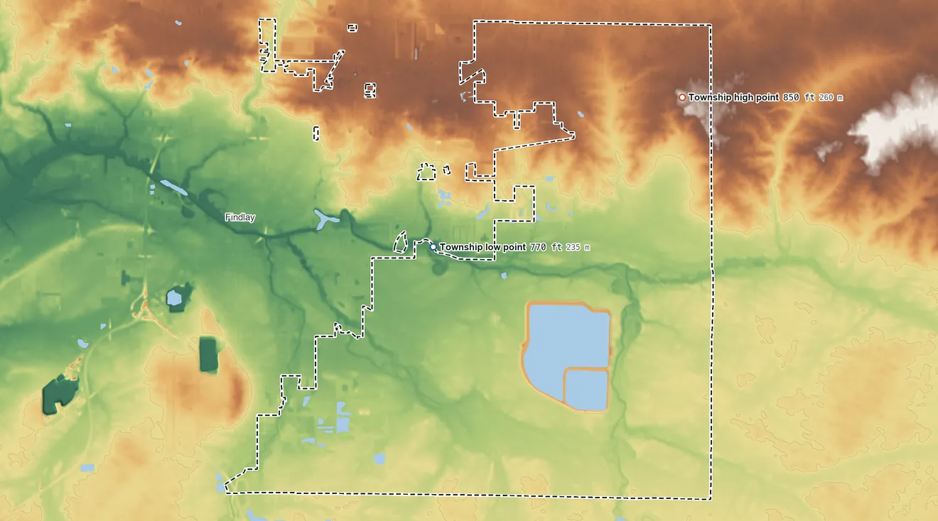 Topographic elevation map of Marion Township, Hancock County, Ohio, shaded from 770 ft on the west side to 850 ft on the northeast side