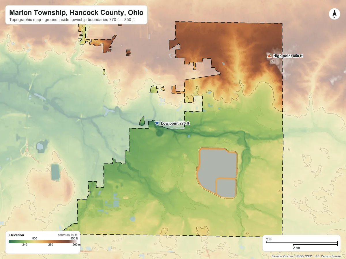 Topographic elevation map of Marion Township, Hancock County, Ohio, shaded from 770 ft on the west side to 850 ft on the northeast side